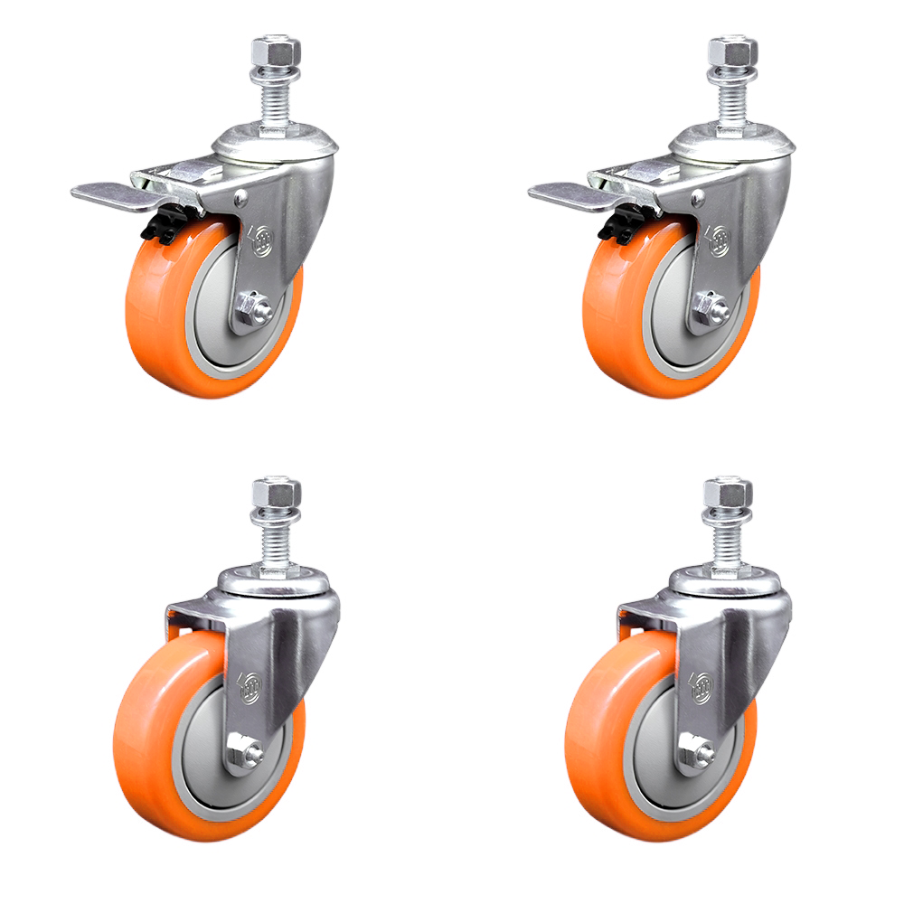 Stainless Steel Polyurethane Swivel Threaded Stem Caster Set of 4 w/4" x 1.25"  Orange Wheels and 12mm Stems - Includes 2 with Total Locking Brake - 1400 lbs Total Capacity - Service Caster Brand — photo 1