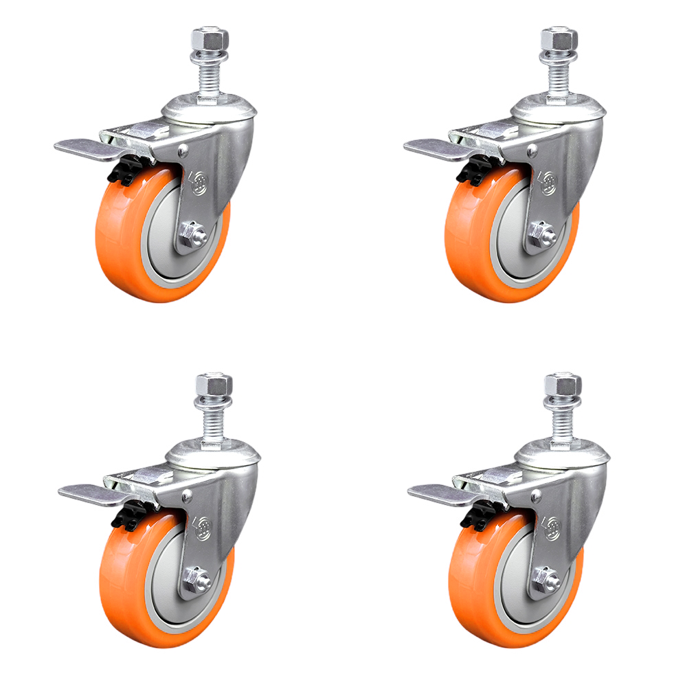 Stainless Steel Polyurethane Swivel Threaded Stem Caster Set of 4 w/4" x 1.25" Orange Wheels and 12mm Stems - Includes 4 with Total Lock Brakes - 1400 lbs Total Capacity - Service Caster Brand — photo 1