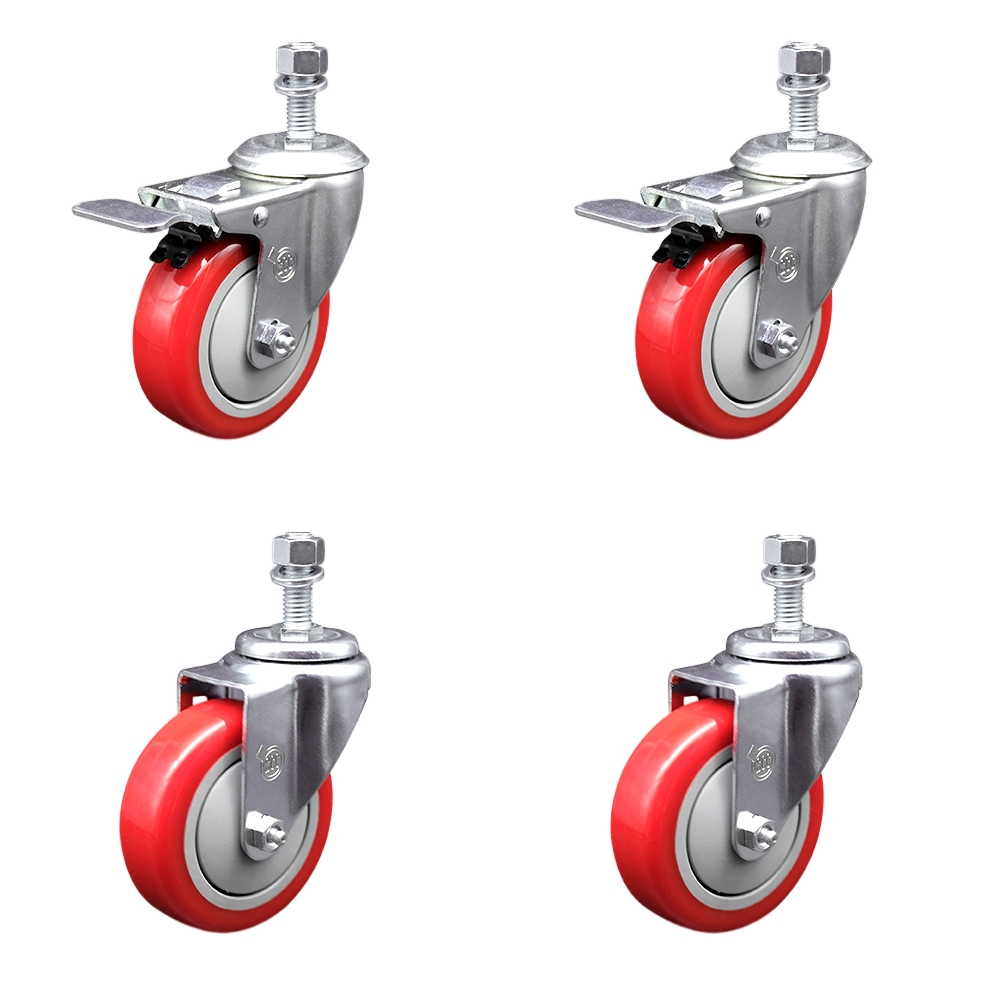 Stainless Steel Polyurethane Swivel Threaded Stem Caster Set of 4 w/4" x 1.25" Red Wheels and 1/2" Stems - Includes 2 with Total Locking Brake - 1400 lbs Total Capacity - Service Caster Brand — photo 1