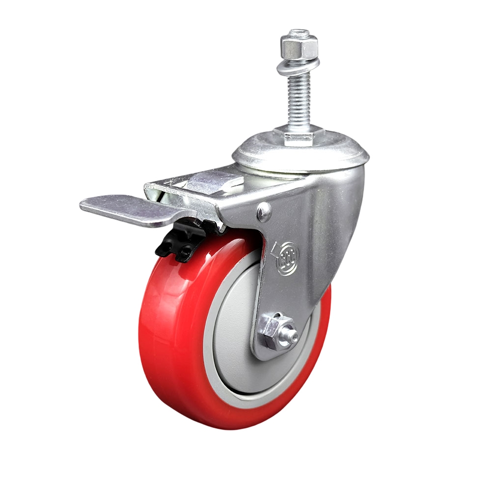 Stainless Steel Polyurethane Swivel Threaded Stem Caster w/4" x 1.25"  Red Wheel and 3/8" Stem & Total Locking Brake - 350 lbs Capacity/Caster - Service Caster Brand — photo 1