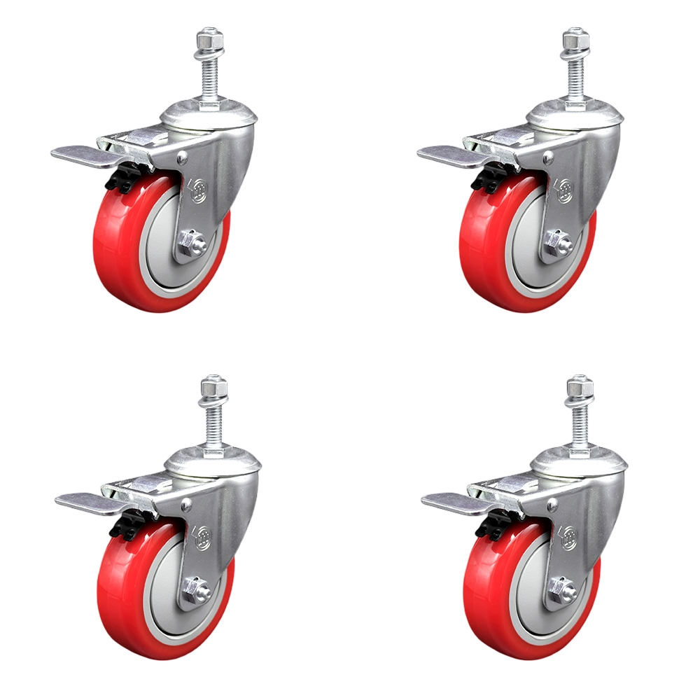 Stainless Steel Polyurethane Swivel Threaded Stem Caster Set of 4 w/4" x 1.25" Red Wheels and 10mm Stems - Includes 4 with Total Lock Brakes - 1400 lbs Total Capacity - Service Caster Brand — photo 1