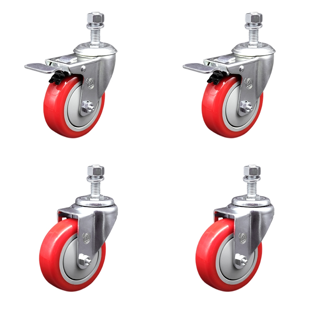 Stainless Steel Polyurethane Swivel Threaded Stem Caster Set of 4 w/4" x 1.25"  Red Wheels and 12mm Stems - Includes 2 with Total Locking Brake - 1400 lbs Total Capacity - Service Caster Brand — photo 1