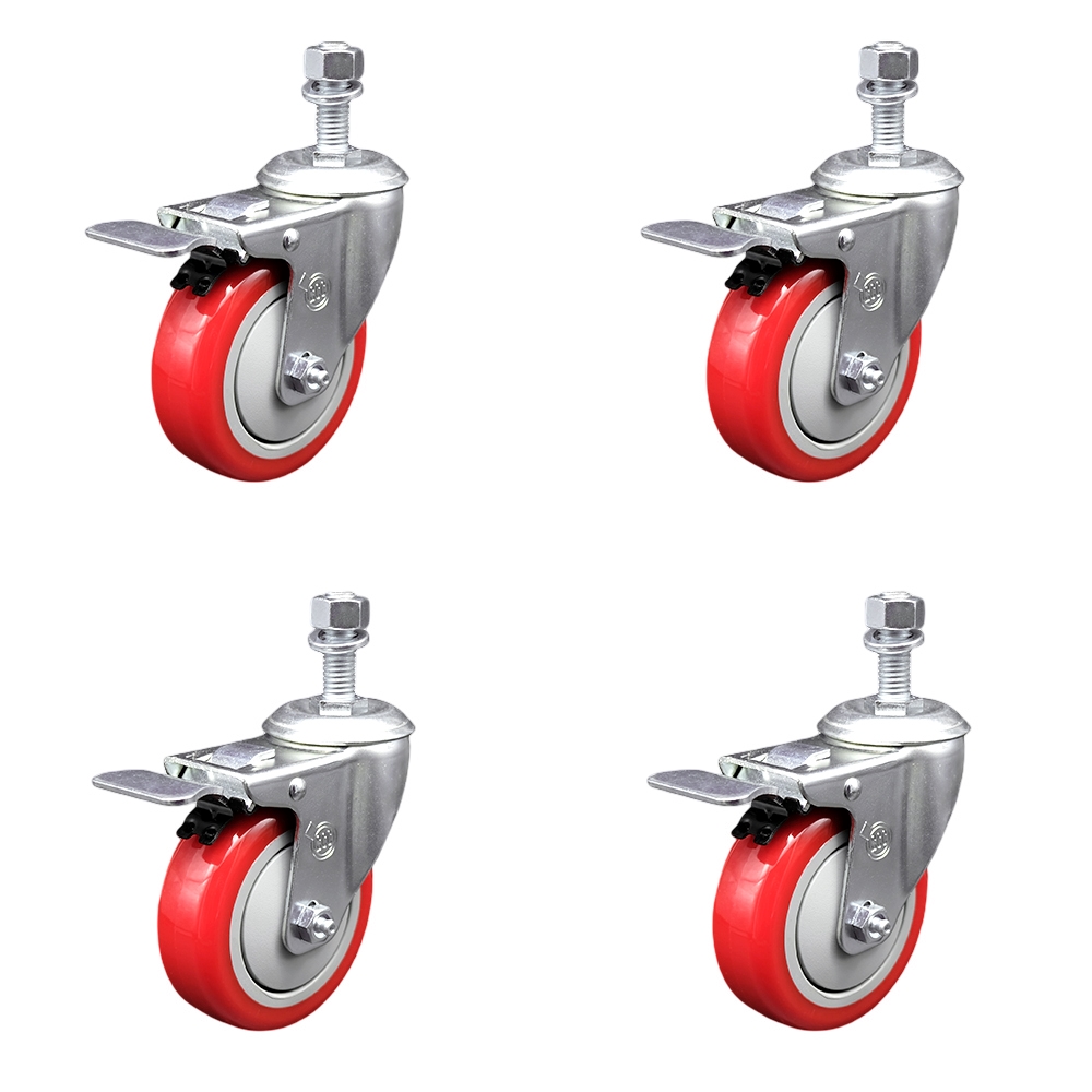 Stainless Steel Polyurethane Swivel Threaded Stem Caster Set of 4 w/4" x 1.25" Red Wheels and 12mm Stems - Includes 4 with Total Lock Brakes - 1400 lbs Total Capacity - Service Caster Brand — photo 1