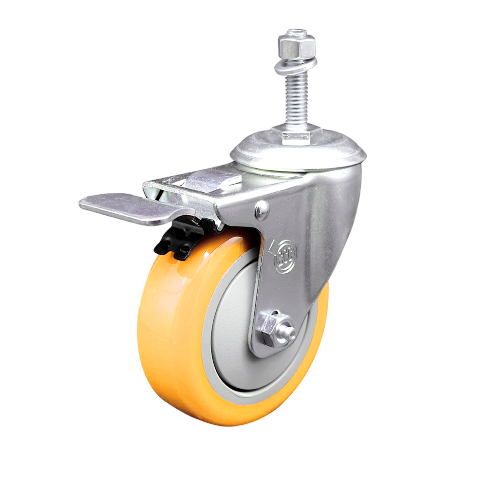Stainless Steel Polyurethane Swivel Threaded Stem Caster w/4" x 1.25"  Yellow Wheel and 3/8" Stem & Total Locking Brake - 350 lbs Capacity/Caster - Service Caster Brand — photo 1