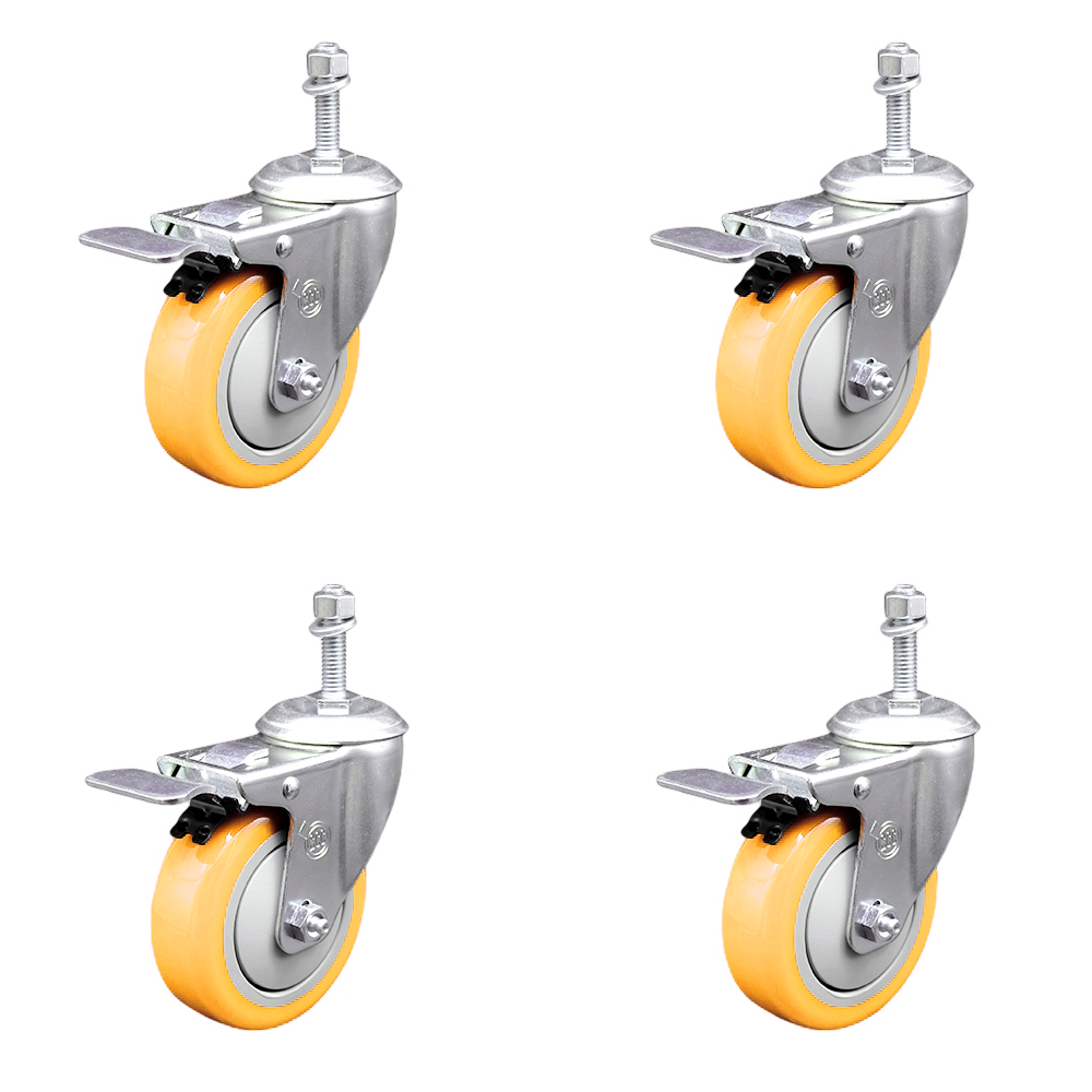 Stainless Steel Polyurethane Swivel Threaded Stem Caster Set of 4 w/4" x 1.25" Yellow Wheels and 10mm Stems - Includes 4 with Total Lock Brakes - 1400 lbs Total Capacity - Service Caster Brand — photo 1