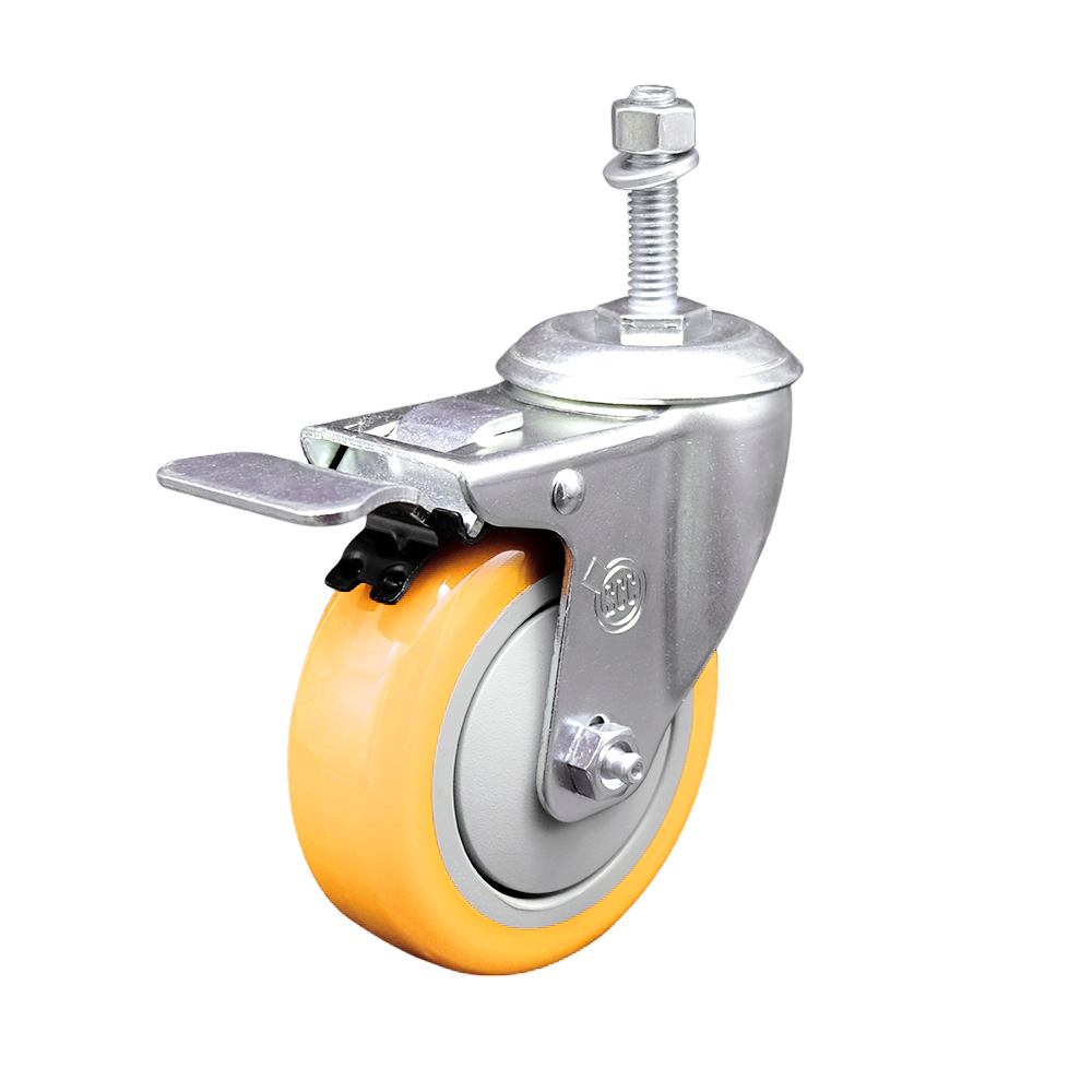 Stainless Steel Polyurethane Swivel Threaded Stem Caster w/4" x 1.25"  Yellow Wheel and 10mm Stem & Total Locking Brake - 350 lbs Capacity/Caster - Service Caster Brand — photo 1