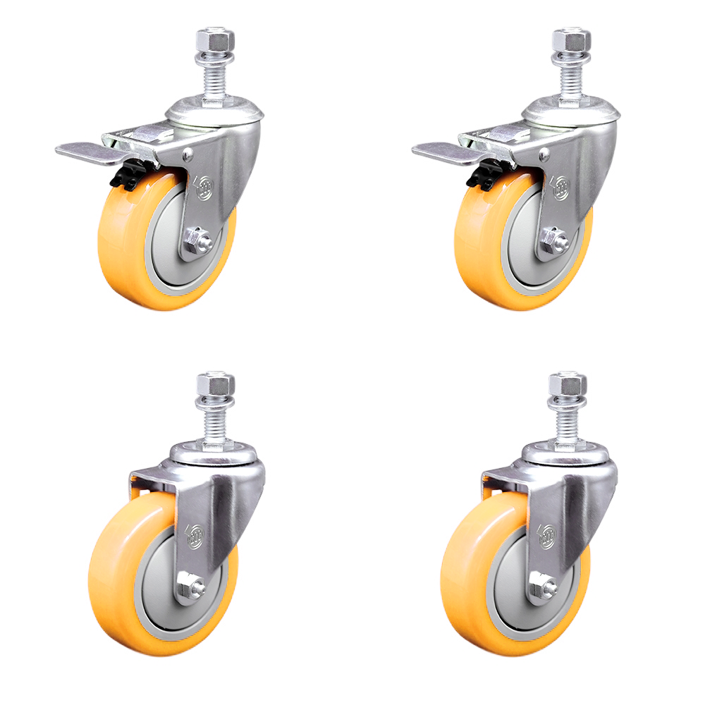 Stainless Steel Polyurethane Swivel Threaded Stem Caster Set of 4 w/4" x 1.25"  Yellow Wheels and 12mm Stems - Includes 2 with Total Locking Brake - 1400 lbs Total Capacity - Service Caster Brand — photo 1