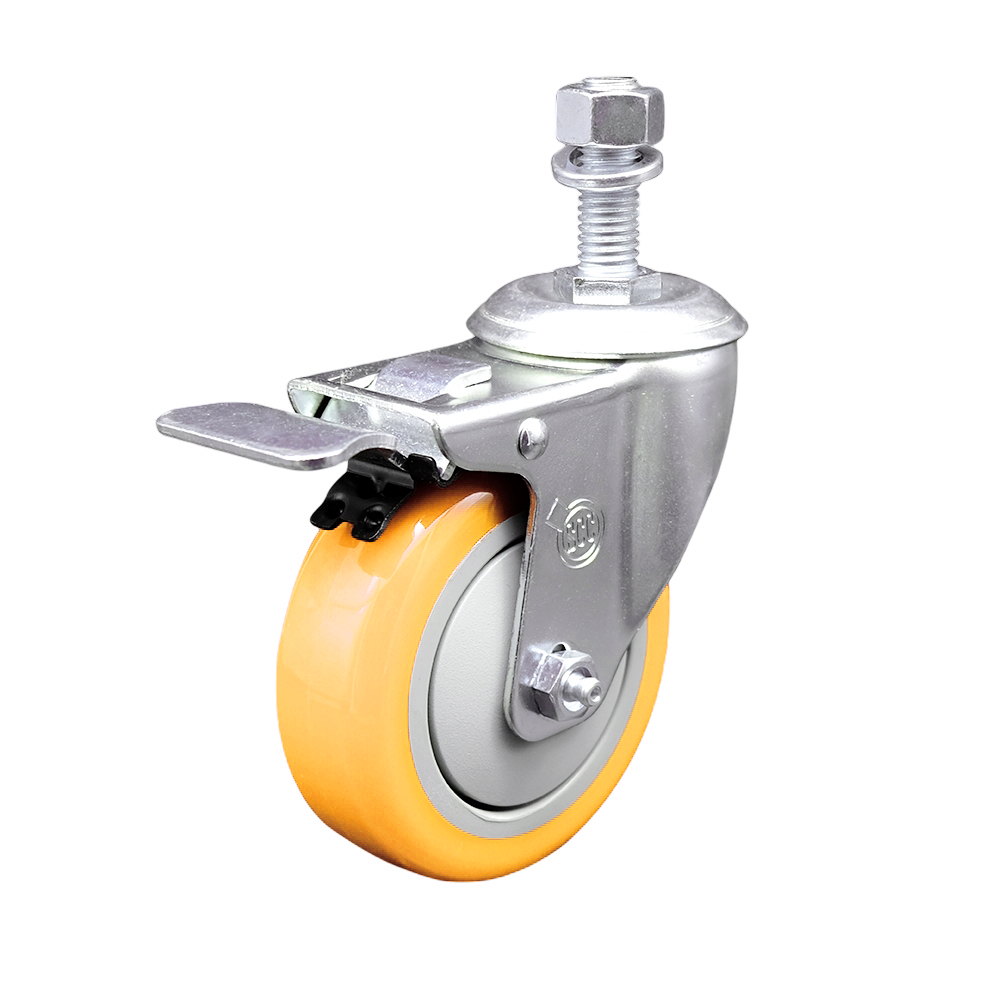 Stainless Steel Polyurethane Swivel Threaded Stem Caster w/4" x 1.25"  Yellow Wheel and 12mm Stem & Total Locking Brake - 350 lbs Capacity/Caster - Service Caster Brand — photo 1