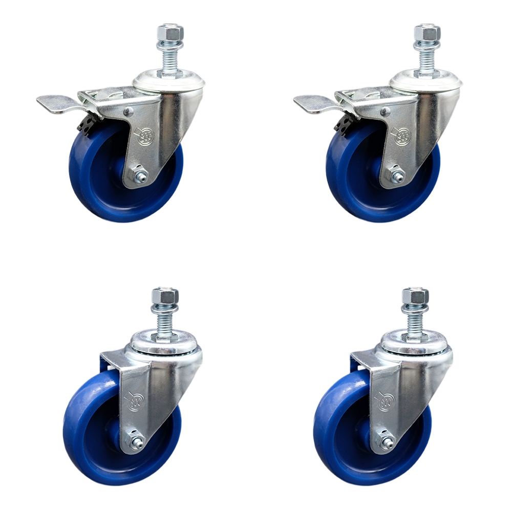 Stainless Steel Solid Polyurethane Swivel Threaded Stem Caster Set of 4 w/4" x 1.25" Blue Wheels and 1/2" Stems - Includes 2 with Total Locking Brake - 1200 lbs Total Capacity - Service Caster Brand — photo 1