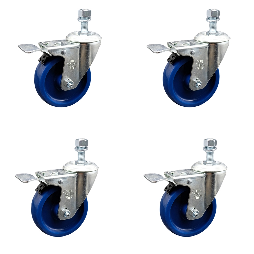 Stainless Steel Solid Polyurethane Swivel Threaded Stem Caster Set of 4 w/4" x 1.25" Blue Wheels and 1/2" Stems - Includes 4 with Total Lock Brakes - 1200 lbs Total Capacity - Service Caster Brand — photo 1