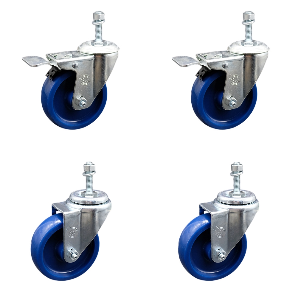Stainless Steel Solid Polyurethane Swivel Threaded Stem Caster Set of 4 w/4" x 1.25" Blue Wheels and 3/8" Stems - Includes 2 with Total Locking Brake - 1200 lbs Total Capacity - Service Caster Brand — photo 1