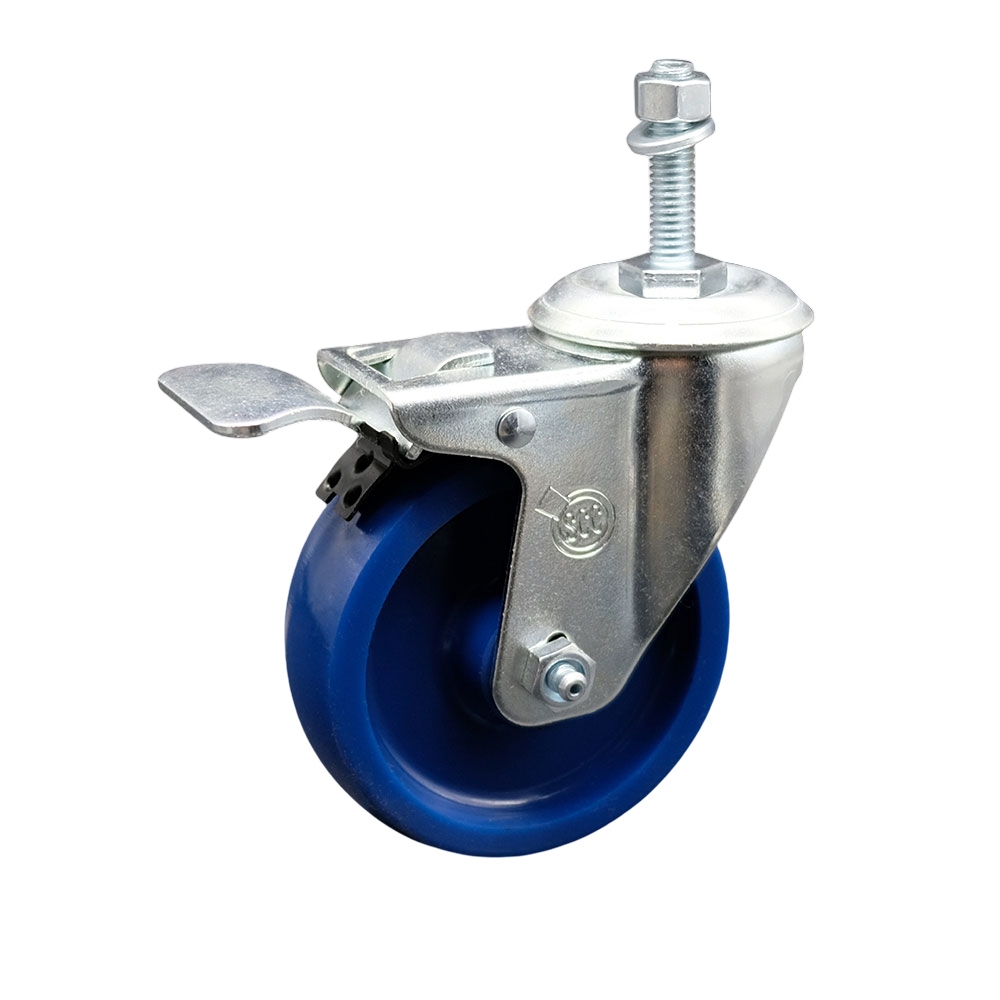 Stainless Steel Solid Polyurethane Swivel Threaded Stem Caster w/4" x 1.25" Blue Wheel and 3/8" Stem & Total Locking Brake - 300 lbs Capacity/Caster - Service Caster Brand — photo 1