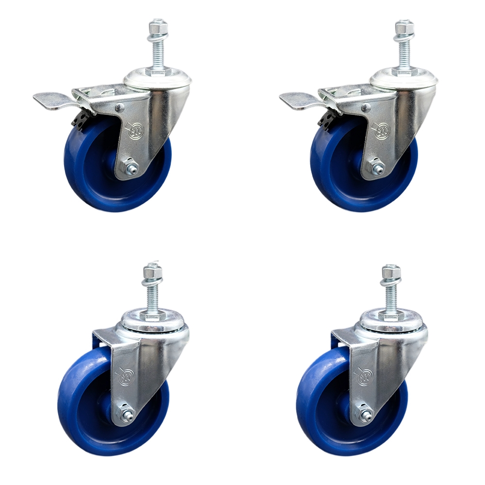 Stainless Steel Solid Polyurethane Swivel Threaded Stem Caster Set 4 w/4" x 1.25" Blue Wheels and 10MM Metric Stems - Includes 2 with Total Locking Brake - 1200 lbs Total Capacity-Service Caster Brand — photo 1