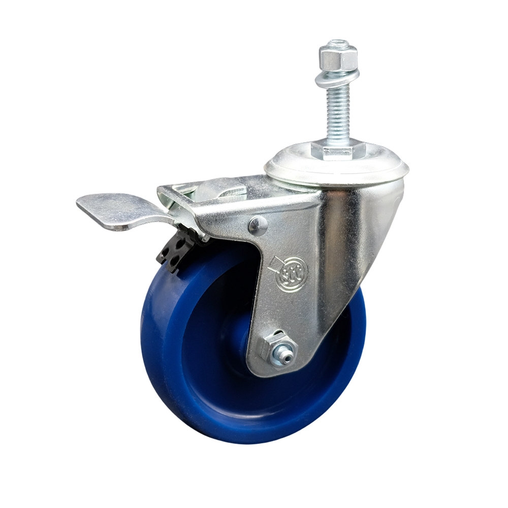 Stainless Steel Solid Polyurethane Swivel Threaded Stem Caster w/4" x 1.25" Blue Wheel and 10MM Metric Stem & Total Locking Brake - 300 lbs Capacity/Caster - Service Caster Brand — photo 1