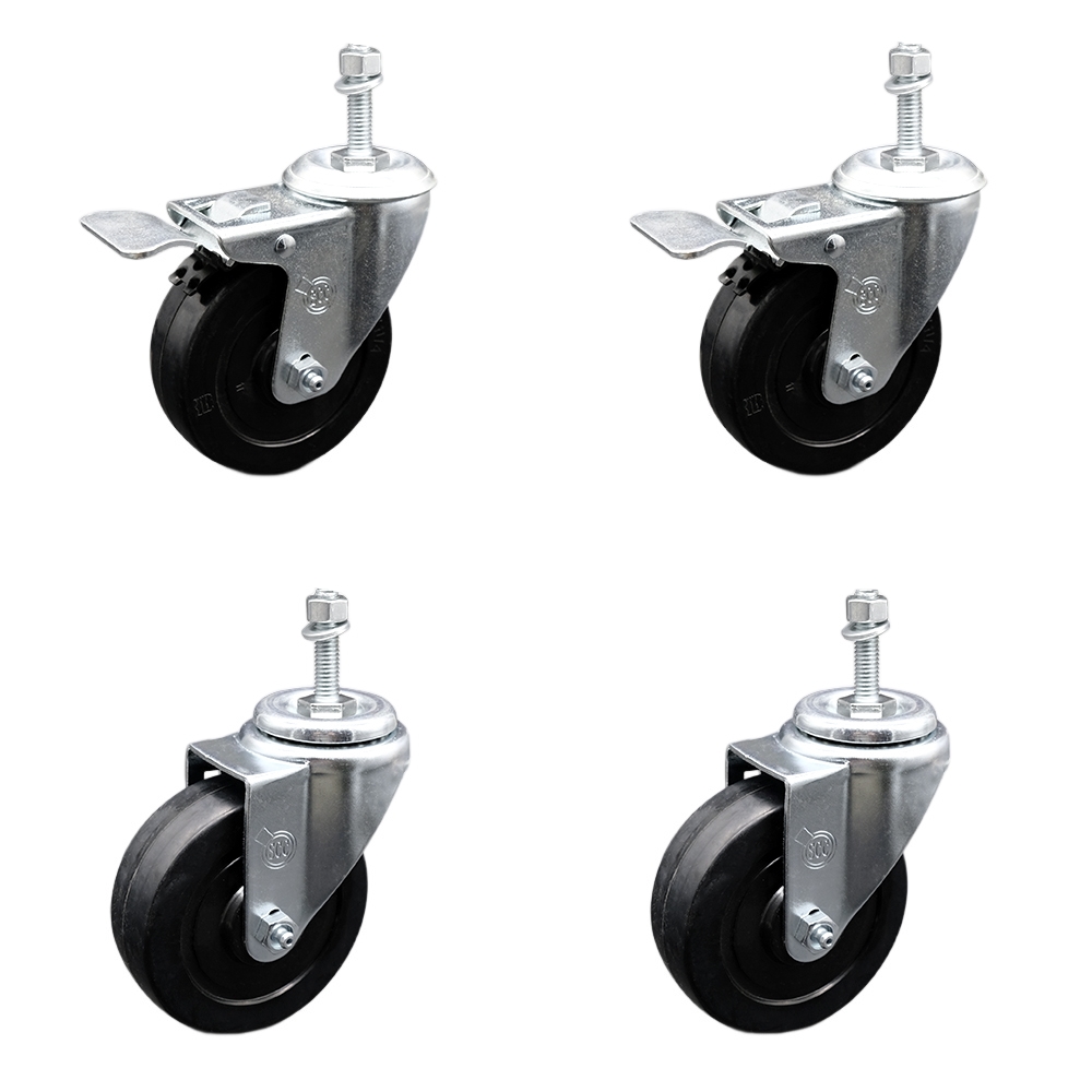 Stainless Steel Soft Rubber Swivel Threaded Stem Caster Set of 4 w/4" x 1.25" Black Wheels and 3/8" Stems - Includes 2 with Total Locking Brake - 800 lbs Total Capacity - Service Caster Brand — photo 1