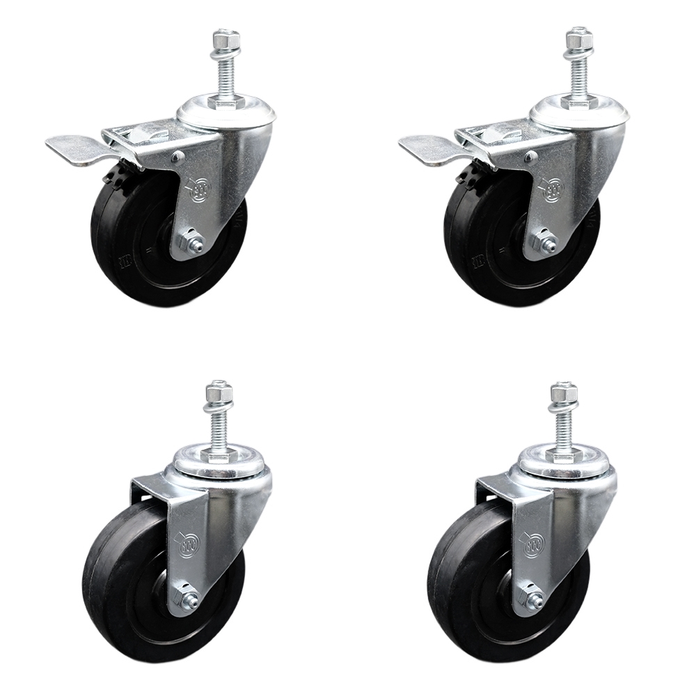 Stainless Steel Soft Rubber Swivel Threaded Stem Caster Set 4 w/4" x 1.25" Black Wheels and 10MM Metric Stems - Includes 2 with Total Locking Brake - 800 lbs Total Capacity-Service Caster Brand — photo 1