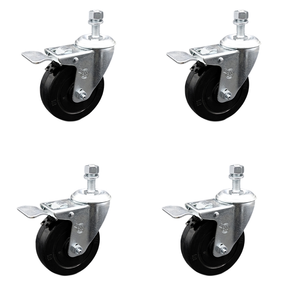 Stainless Steel Soft Rubber Swivel Threaded Stem Caster Set of 4 w/4" x 1.25" Black Wheels and 10mm Stems - Includes 4 with Total Lock Brakes - 800 lbs Total Capacity - Service Caster Brand — photo 1