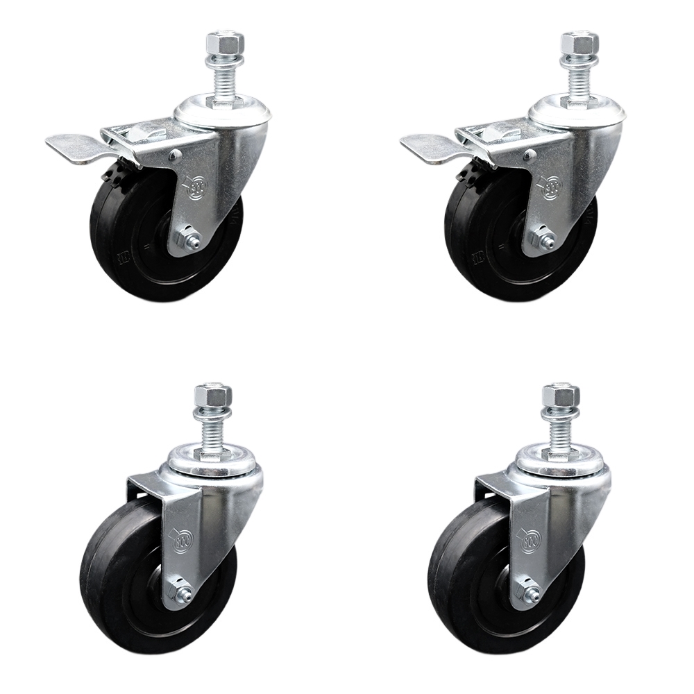 Stainless Steel Soft Rubber Swivel Threaded Stem Caster Set 4 w/4" x 1.25" Black Wheels and 12MM Metric Stems - Includes 2 with Total Locking Brake - 800 lbs Total Capacity-Service Caster Brand — photo 1