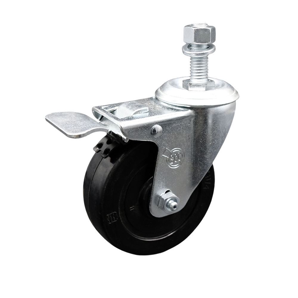 Stainless Steel Soft Rubber Swivel Threaded Stem Caster w/4" x 1.25" Black Wheel and 12MM Metric Stem & Total Locking Brake - 200 lbs Capacity/Caster - Service Caster Brand — photo 1