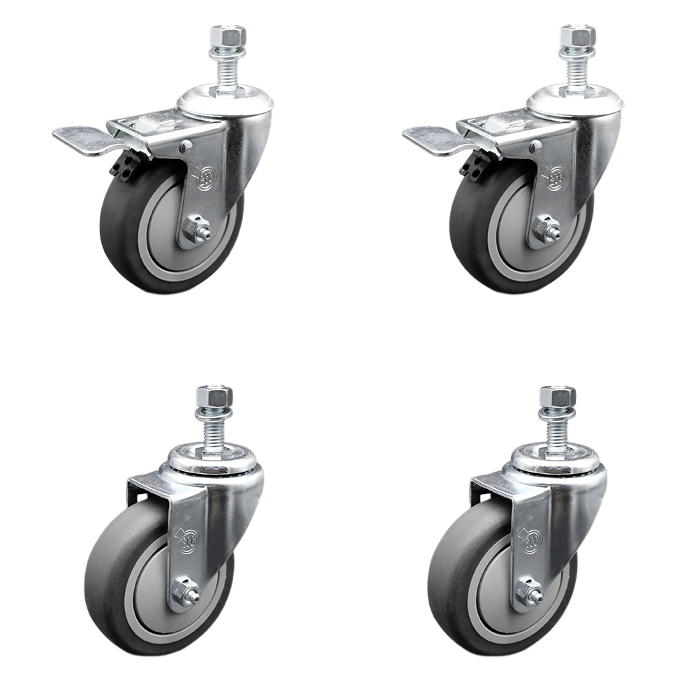 Stainless Steel Thermoplastic Rubber Swivel Threaded Stem Caster Set of 4 - 4" x 1.25" Gray Wheels and 1/2" Stems - Includes 2 with Total Locking Brake - 1,000 lbs Total Capacity-Service Caster Brand — photo 1