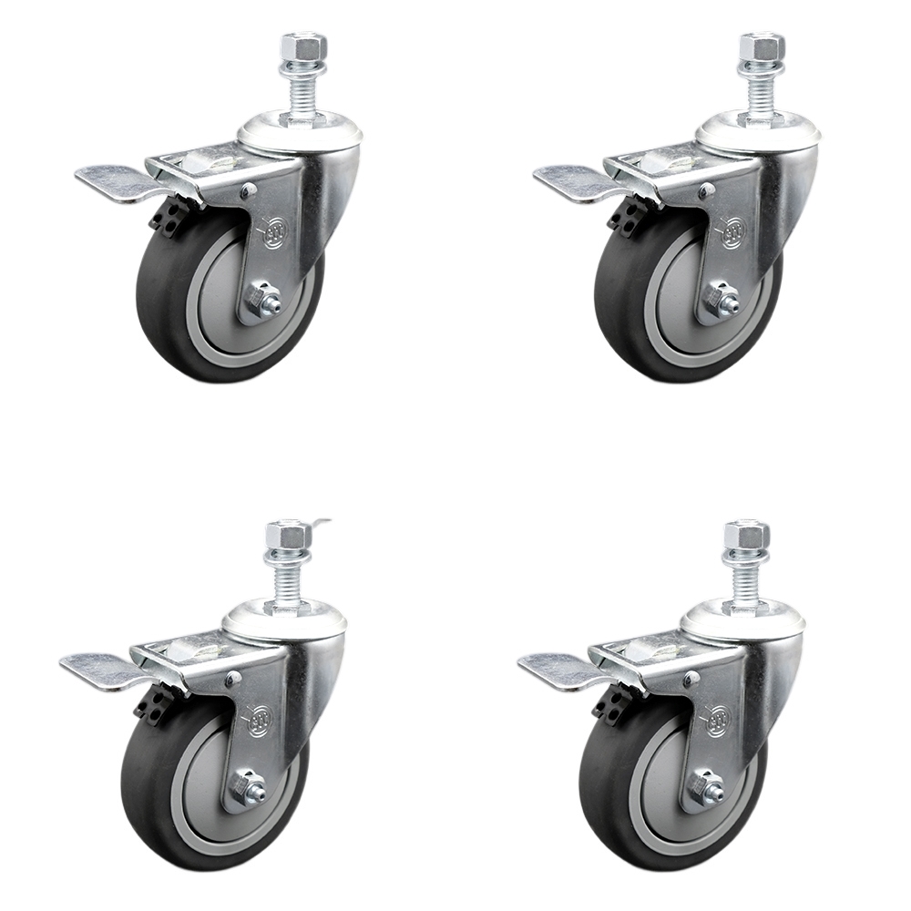 Stainless Steel Thermoplastic Rubber Swivel Threaded Stem Caster Set of 4 w/4" x 1.25" Gray Wheels and 1/2" Stems - Includes 4 with Total Lock Brakes - 1000 lbs Total Capacity - Service Caster Brand — photo 1