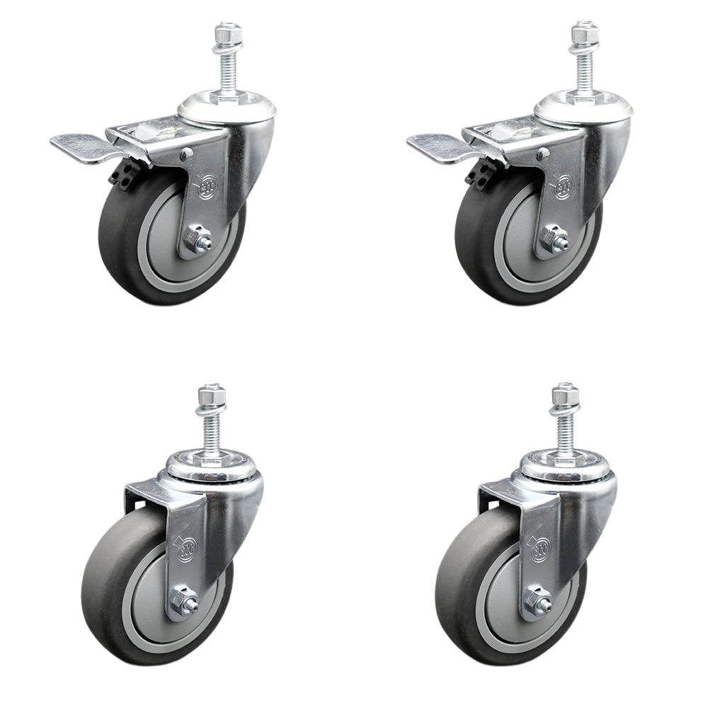 Stainless Steel Thermoplastic Rubber Swivel Threaded Stem Caster Set of 4 - 4" x 1.25" Gray Wheels and 3/8" Stems - Includes 2 with Total Locking Brake - 1,000 lbs Total Capacity-Service Caster Brand — photo 1