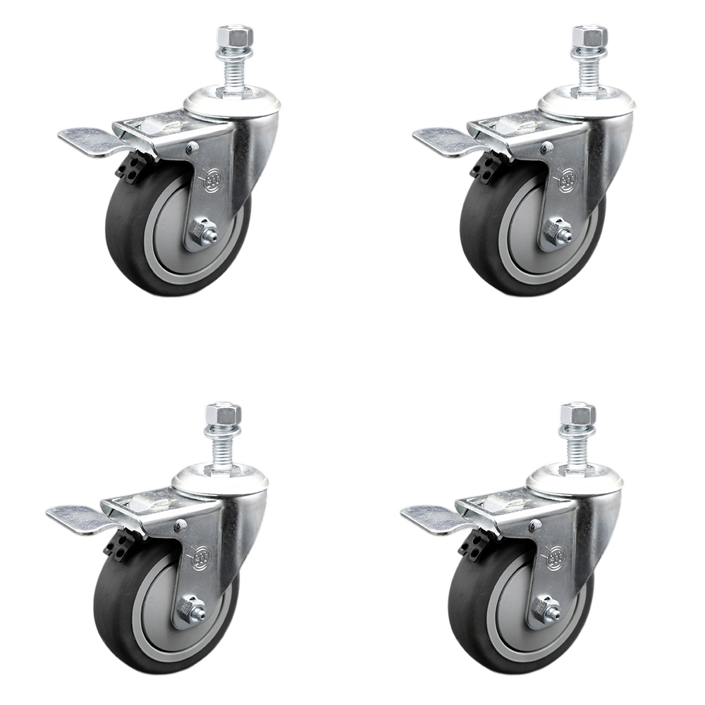 Stainless Steel Thermoplastic Rubber Swivel Threaded Stem Caster Set of 4 w/4" x 1.25" Gray Wheels and 3/8" Stems - Includes 4 with Total Lock Brakes - 1000 lbs Total Capacity - Service Caster Brand — photo 1