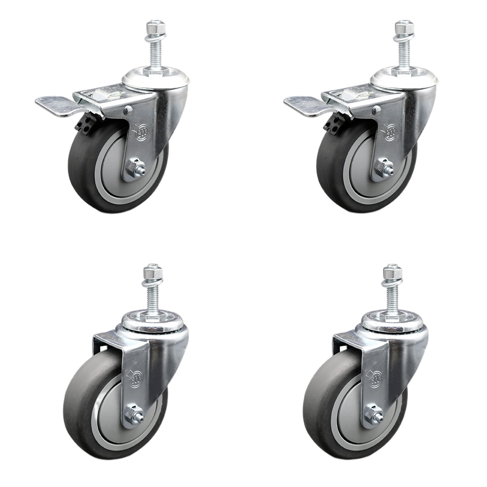 Stainless Steel Thermoplastic Rubber Swivel Threaded Stem Caster Set of 4- 4" x 1.25" Gray Wheels & 10MM Metric Stems-Includes 2 with Total Locking Brake-1,000 lbs Total Capacity-Service Caster Brand — photo 1