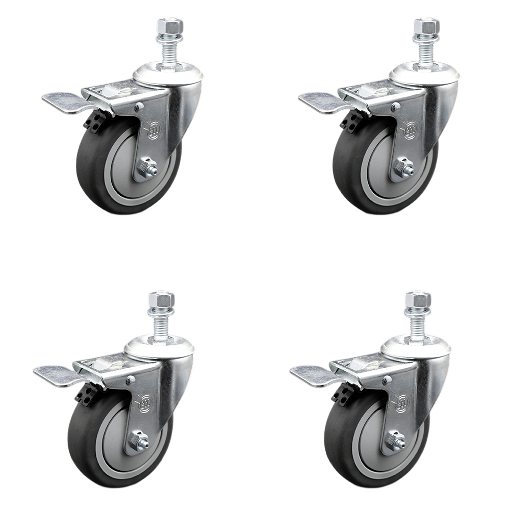 Stainless Steel Thermoplastic Rubber Swivel Threaded Stem Caster Set of 4 w/4" x 1.25" Gray Wheels and 10mm Stems - Includes 4 with Total Lock Brakes - 1000 lbs Total Capacity - Service Caster Brand — photo 1