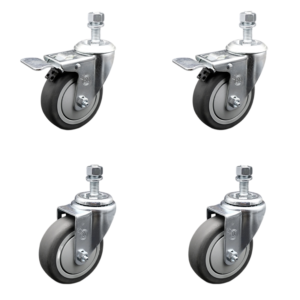 Stainless Steel Thermoplastic Rubber Swivel Threaded Stem Caster Set of 4- 4" x 1.25" Gray Wheels & 12MM Metric Stems-Includes 2 with Total Locking Brake-1,000 lbs Total Capacity-Service Caster Brand — photo 1