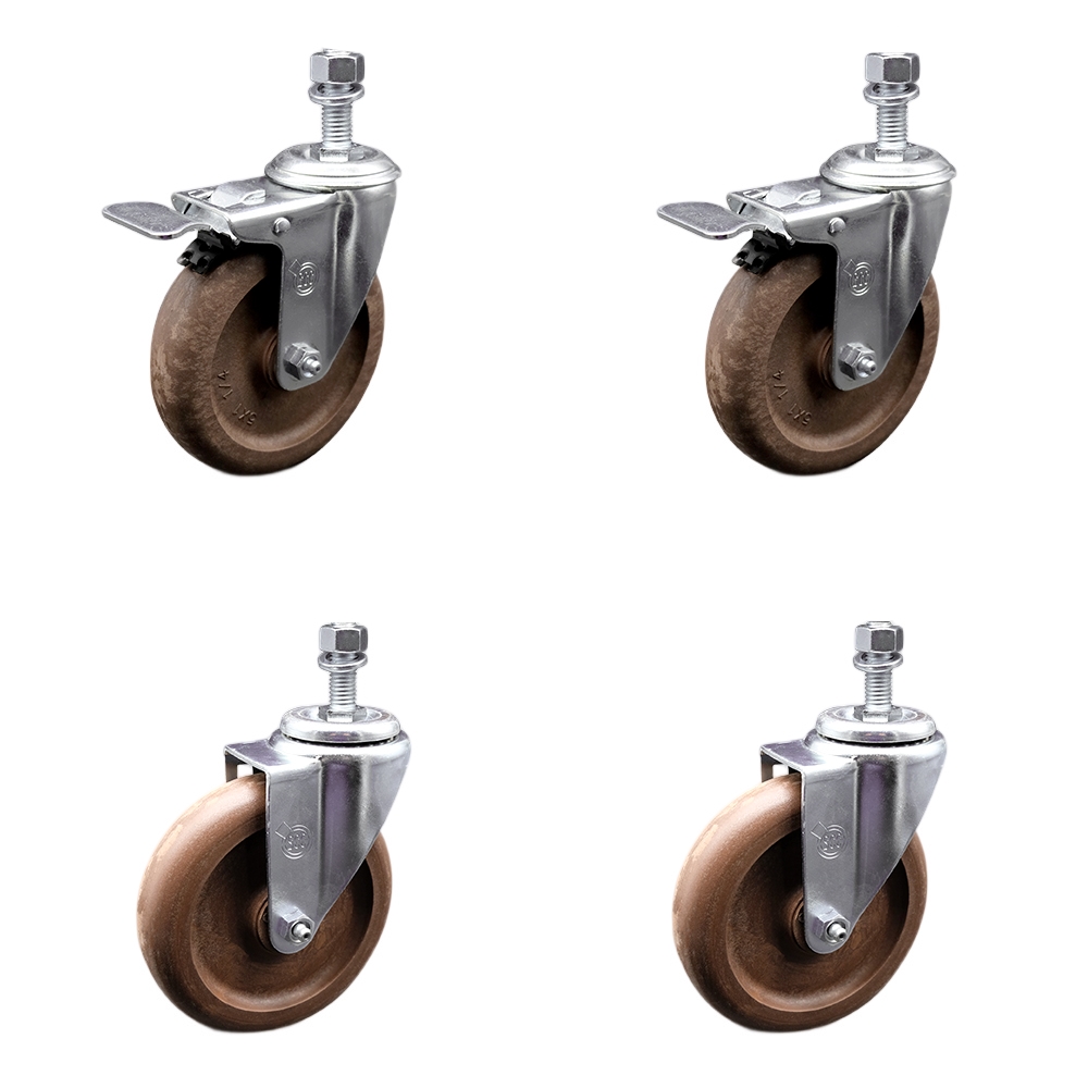 Stainless Steel High Temp Glass Filled Nylon Swivel Threaded Stem Caster Set 4 w/5" x 1.25" Brown Wheels and 1/2" Stems-Includes 2 with Total Locking Brake-1400 lbs Total Capacity-Service Caster Brand — photo 1