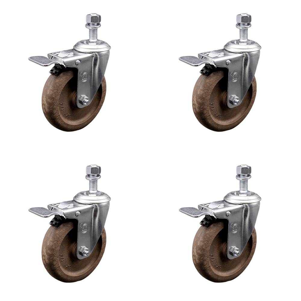 Stainless Steel High Temp Glass Filled Nylon Swivel Threaded Stem Caster Set of 4 w/5" x 1.25" Brown Wheels & 1/2" Stems- Includes 4 with Total Lock Brakes-1400 lbs Total Capacity-Service Caster Brand — photo 1