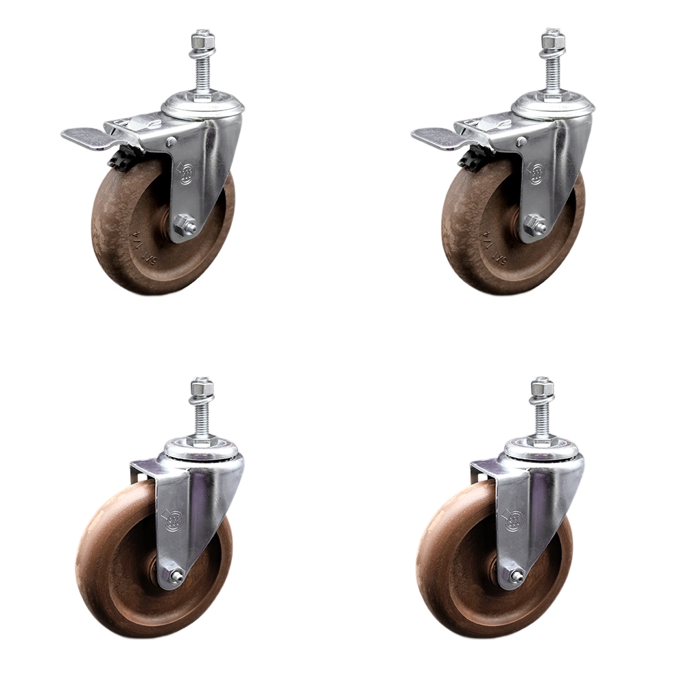 Stainless Steel High Temp Glass Filled Nylon Swivel Threaded Stem Caster Set 4 w/5" x 1.25" Brown Wheels and 3/8" Stems-Includes 2 with Total Locking Brake-1400 lbs Total Capacity-Service Caster Brand — photo 1