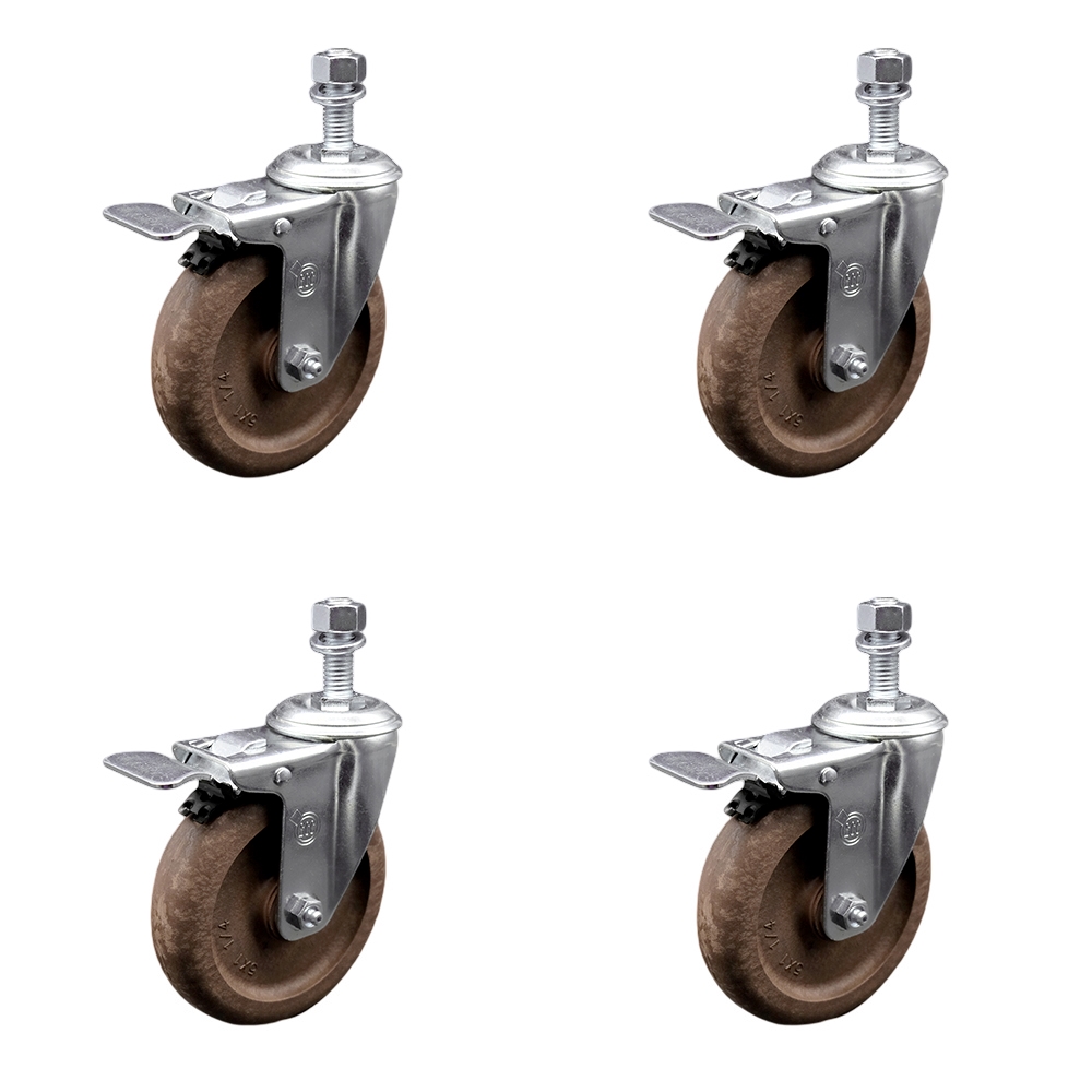 Stainless Steel High Temp Glass Filled Nylon Swivel Threaded Stem Caster Set of 4 w/5" x 1.25" Brown Wheels & 3/8" Stems- Includes 4 with Total Lock Brakes-1400 lbs Total Capacity-Service Caster Brand — photo 1