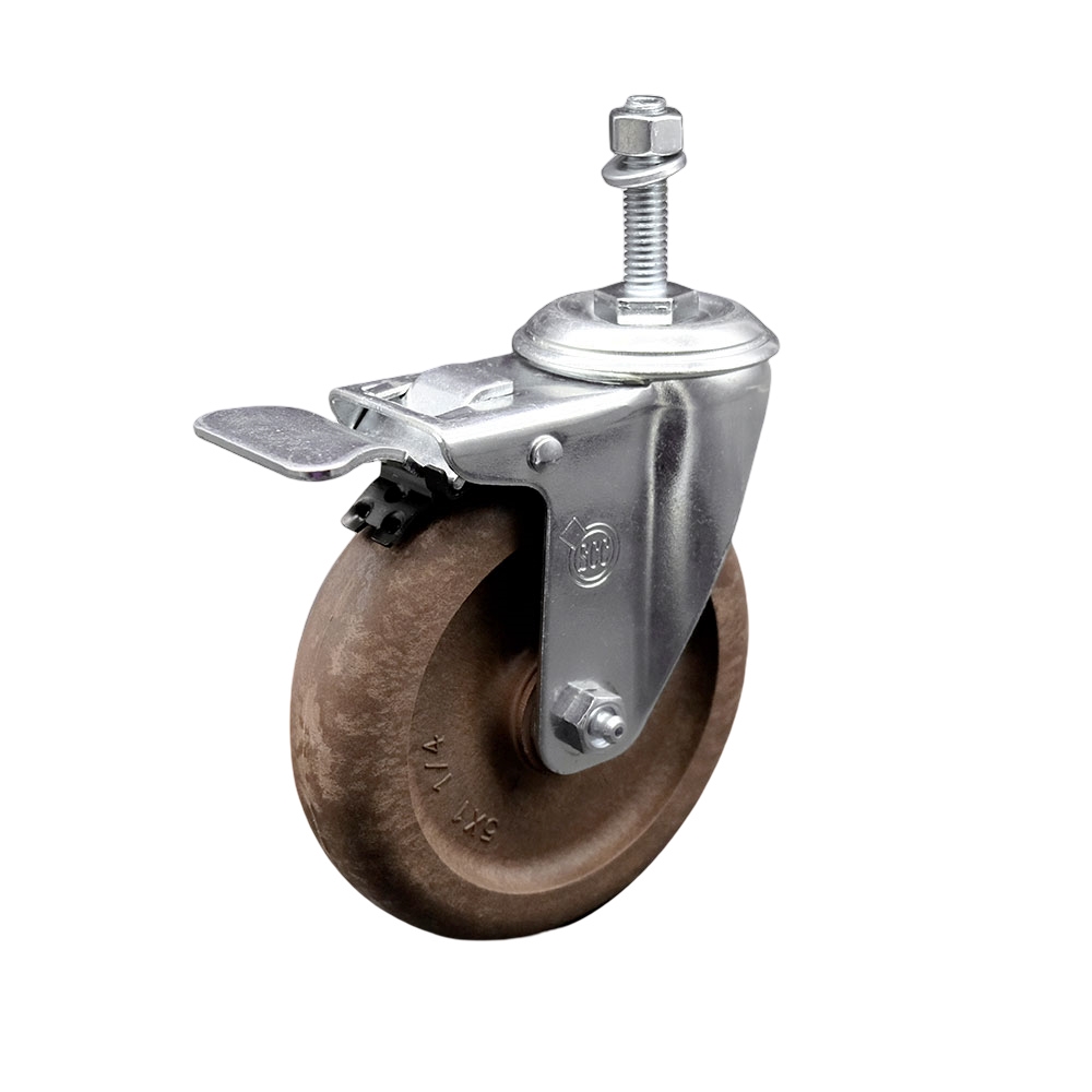 Stainless Steel High Temp Glass Filled Nylon Swivel Threaded Stem Caster w/5" x 1.25" Brown Wheel and 3/8" Stem & Total Locking Brake - 350 lbs Capacity/Caster - Service Caster Brand — photo 1
