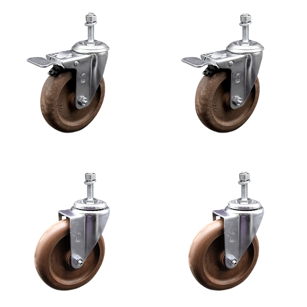 Stainless Steel High Temp Glass Filled Nylon Swivel Threaded Stem Caster Set 4 w/5" x 1.25" Brown Wheels&10MM Metric Stems-Includes 2 w/Total Locking Brake-1400 lbs Total Capacity-Service Caster Brand — photo 1
