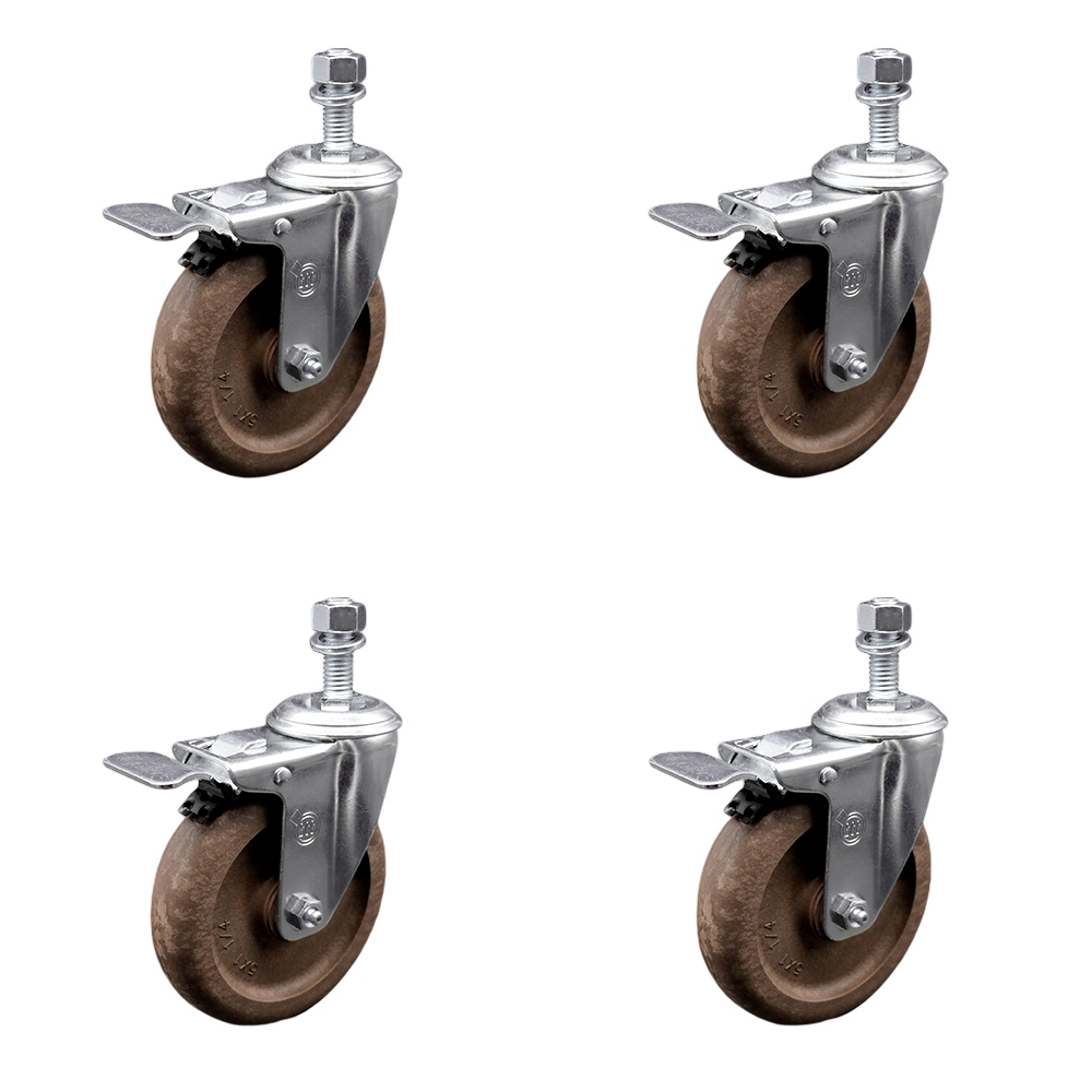 Stainless Steel High Temp Glass Filled Nylon Swivel Threaded Stem Caster Set of 4 w/5" x 1.25" Brown Wheels & 10mm Stems- Includes 4 with Total Lock Brakes-1400 lbs Total Capacity-Service Caster Brand — photo 1