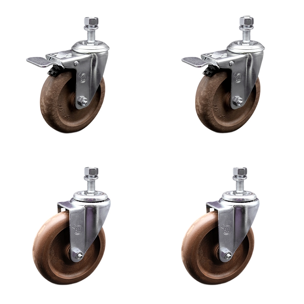 Stainless Steel High Temp Glass Filled Nylon Swivel Threaded Stem Caster Set 4 w/5" x 1.25" Brown Wheels&12MM Metric Stems-Includes 2 w/Total Locking Brake-1400 lbs Total Capacity-Service Caster Brand — photo 1