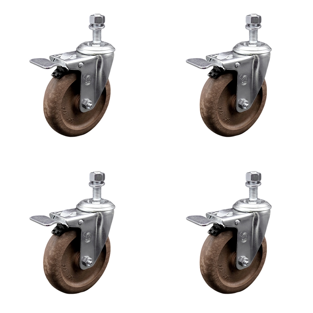 Stainless Steel High Temp Glass Filled Nylon Swivel Threaded Stem Caster Set of 4 w/5" x 1.25" Brown Wheels & 12mm Stems- Includes 4 with Total Lock Brakes-1400 lbs Total Capacity-Service Caster Brand — photo 1