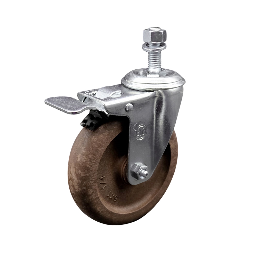 Stainless Steel High Temp Glass Filled Nylon Swivel Threaded Stem Caster w/5" x 1.25" Brown Wheel and 12MM Metric Stem & Total Locking Brake - 350 lbs Capacity/Caster - Service Caster Brand — photo 1