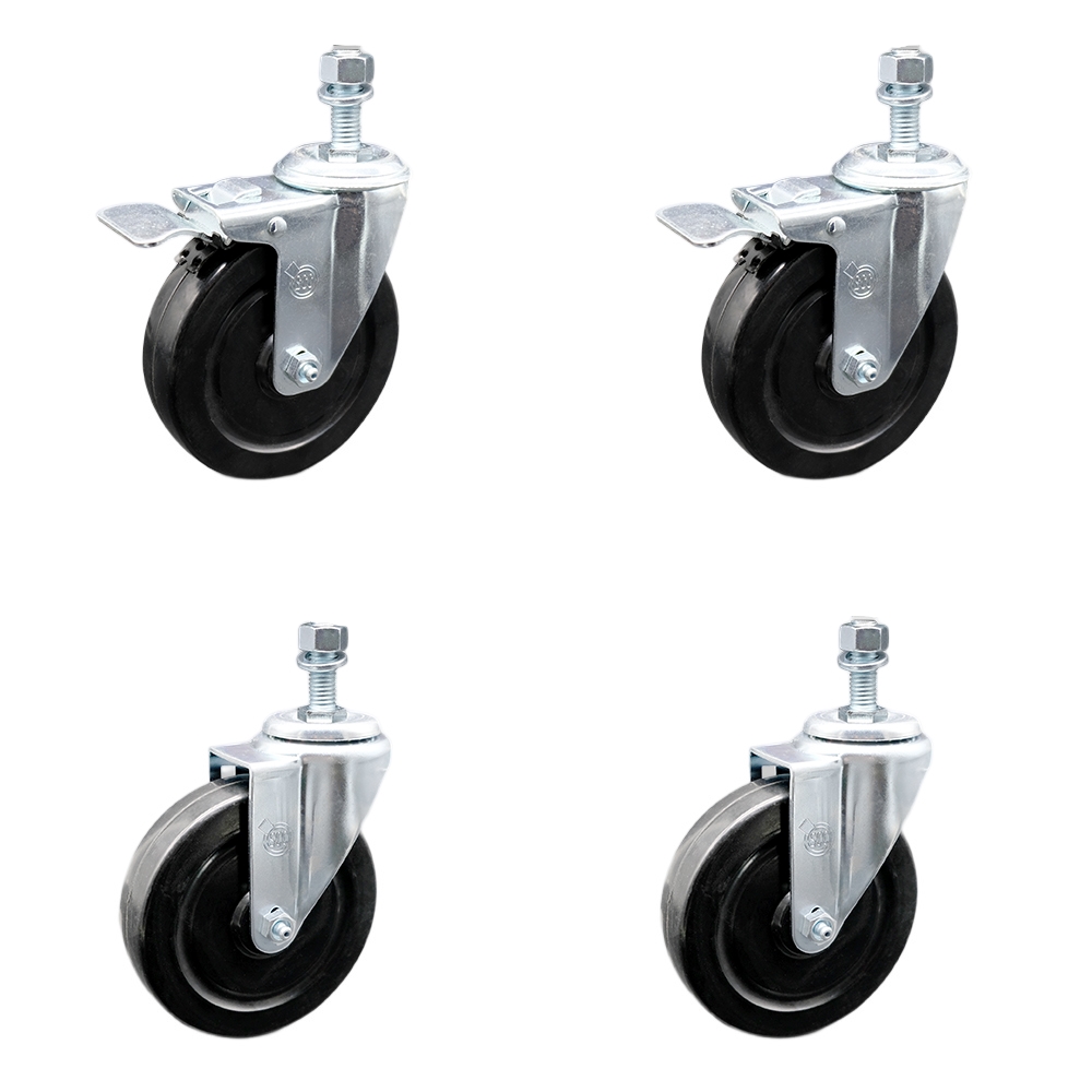 Stainless Steel Hard Rubber Swivel Threaded Stem Caster Set of 4 w/5" x 1.25" Black Wheels and 1/2" Stems - Includes 2 with Total Locking Brake - 1100 lbs Total Capacity - Service Caster Brand — photo 1