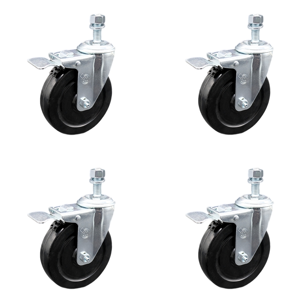 Stainless Steel Hard Rubber Swivel Threaded Stem Caster Set of 4 w/5" x 1.25" Black Wheels and 1/2" Stems - Includes 4 with Total Lock Brakes - 1200 lbs Total Capacity - Service Caster Brand — photo 1