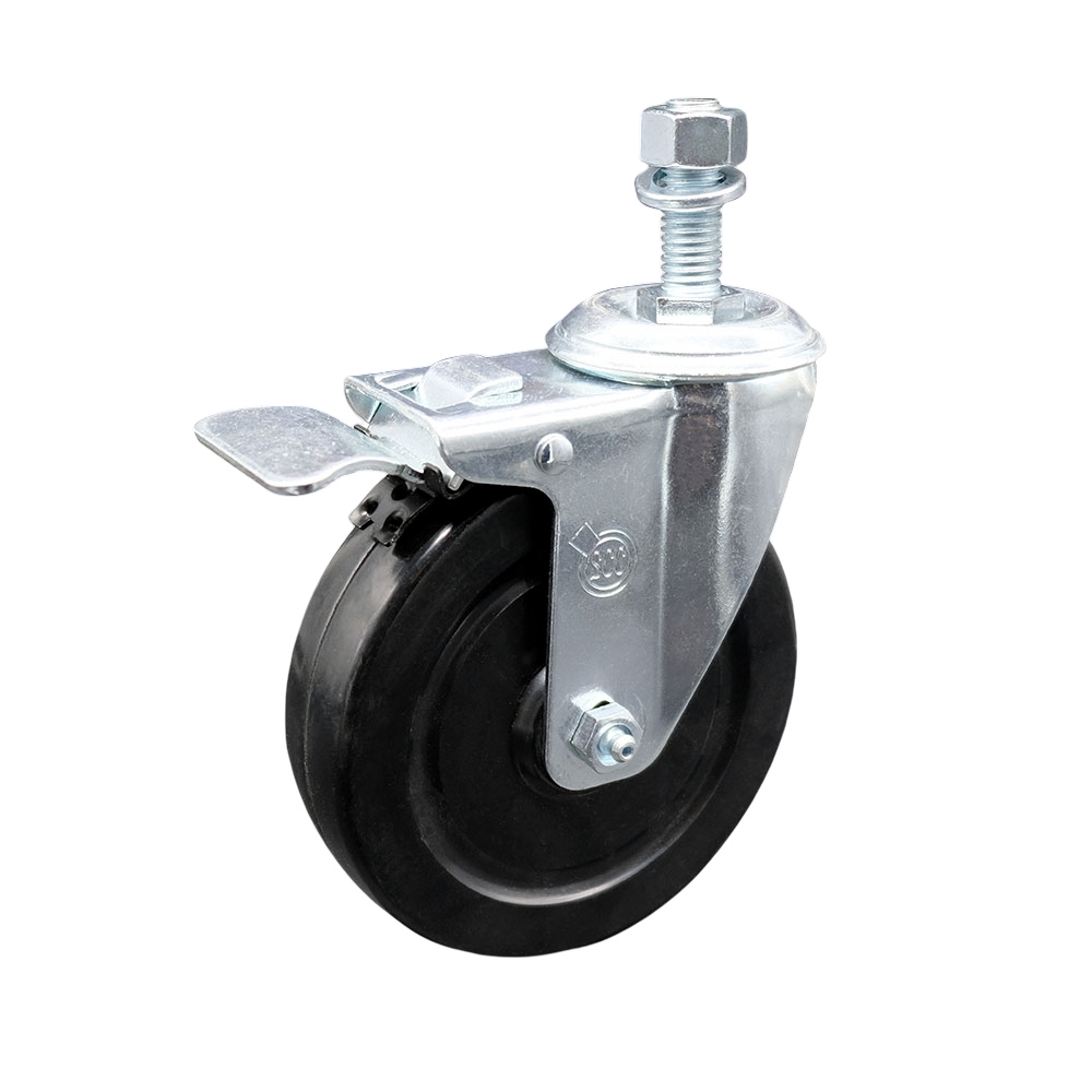 Stainless Steel Hard Rubber Swivel Threaded Stem Caster w/5" x 1.25" Black Wheel and 1/2" Stem & Total Locking Brake - 300 lbs Capacity/Caster - Service Caster Brand — photo 1