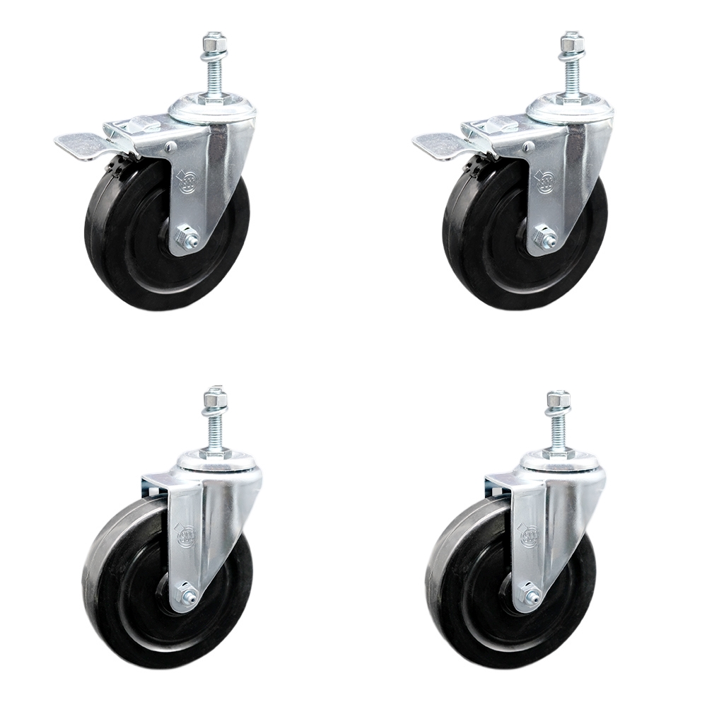 Stainless Steel Hard Rubber Swivel Threaded Stem Caster Set of 4 w/5" x 1.25" Black Wheels and 3/8" Stems - Includes 2 with Total Locking Brake - 1100 lbs Total Capacity - Service Caster Brand — photo 1