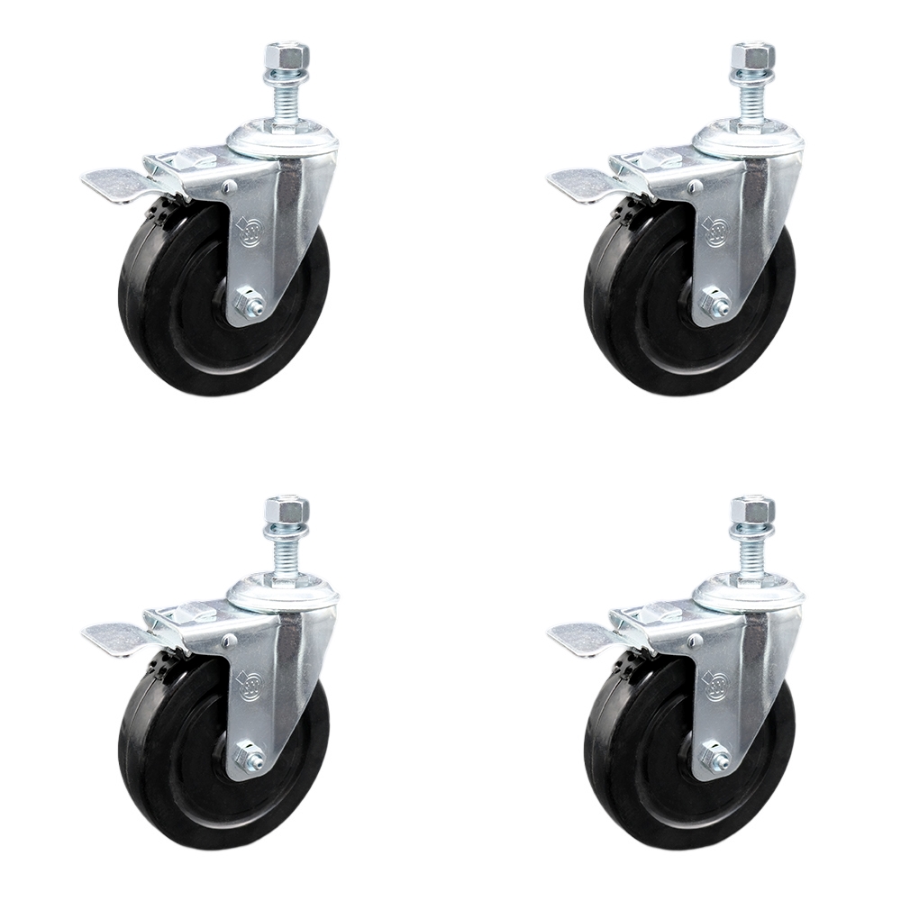 Stainless Steel Hard Rubber Swivel Threaded Stem Caster Set of 4 w/5" x 1.25" Black Wheels and 3/8" Stems - Includes 4 with Total Lock Brakes - 1200 lbs Total Capacity - Service Caster Brand — photo 1