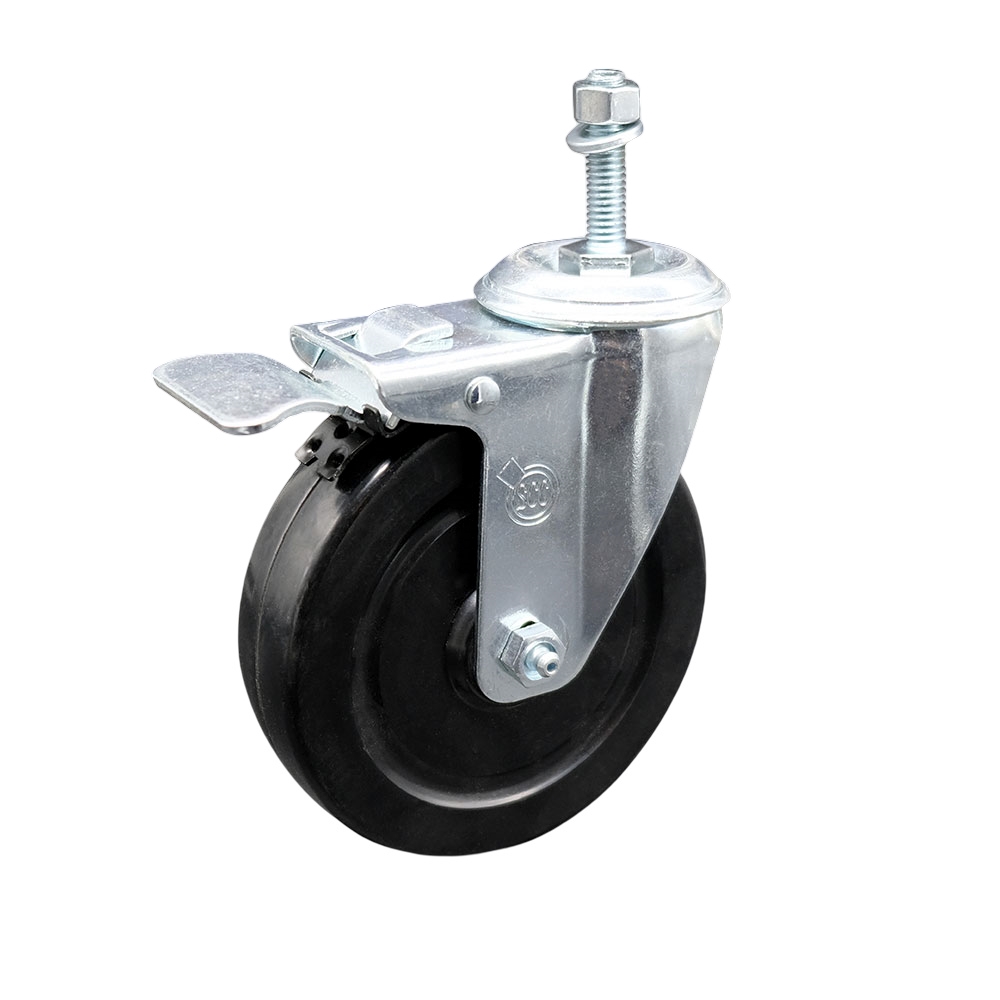 Stainless Steel Hard Rubber Swivel Threaded Stem Caster w/5" x 1.25" Black Wheel and 3/8" Stem & Total Locking Brake - 300 lbs Capacity/Caster - Service Caster Brand — photo 1