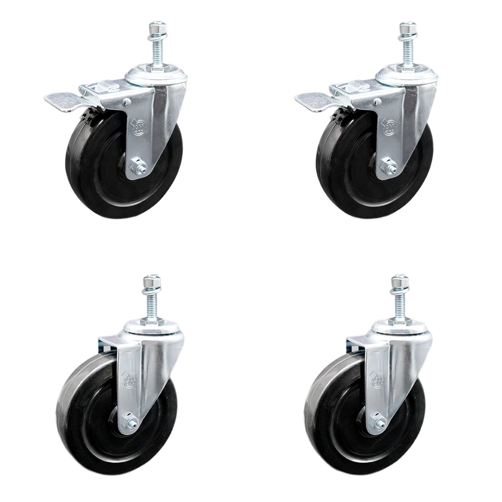Stainless Steel Hard Rubber Swivel Threaded Stem Caster Set of 4 w/5" x 1.25" Black Wheels and 10MM Metric Stems - Includes 2 with Total Locking Brake - 1100 lbs Total Capacity - Service Caster Brand — photo 1