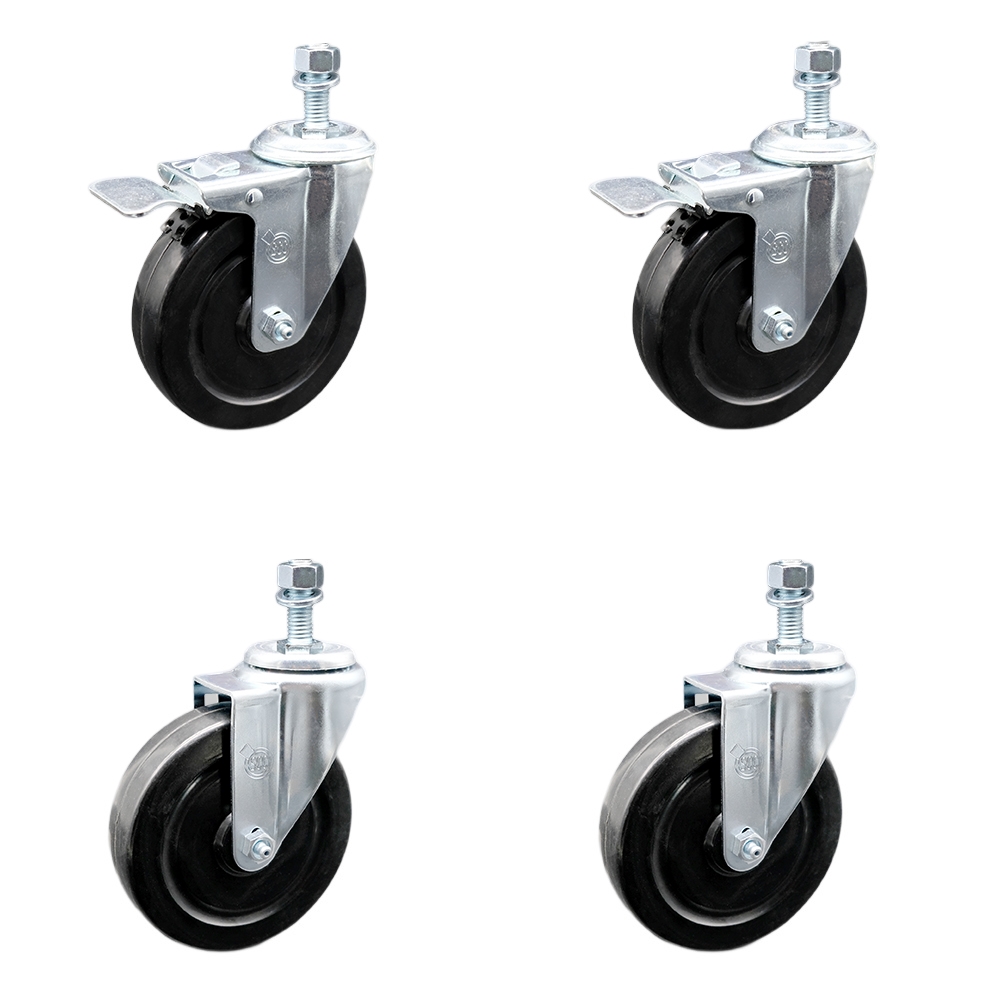Stainless Steel Hard Rubber Swivel Threaded Stem Caster Set of 4 w/5" x 1.25" Black Wheels and 12MM Metric Stems - Includes 2 with Total Locking Brake - 1100 lbs Total Capacity - Service Caster Brand — photo 1
