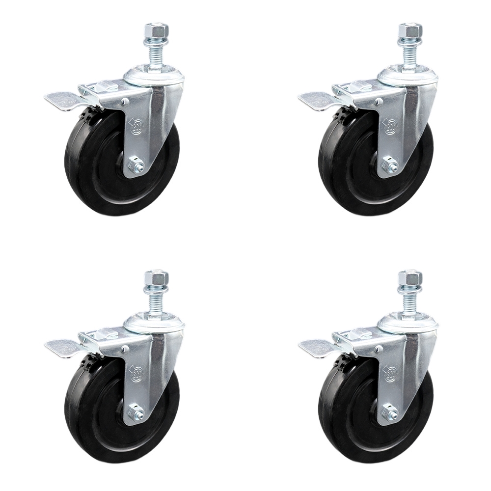 Stainless Steel Hard Rubber Swivel Threaded Stem Caster Set of 4 w/5" x 1.25" Black Wheels and 12mm Stems - Includes 4 with Total Lock Brakes - 1200 lbs Total Capacity - Service Caster Brand — photo 1