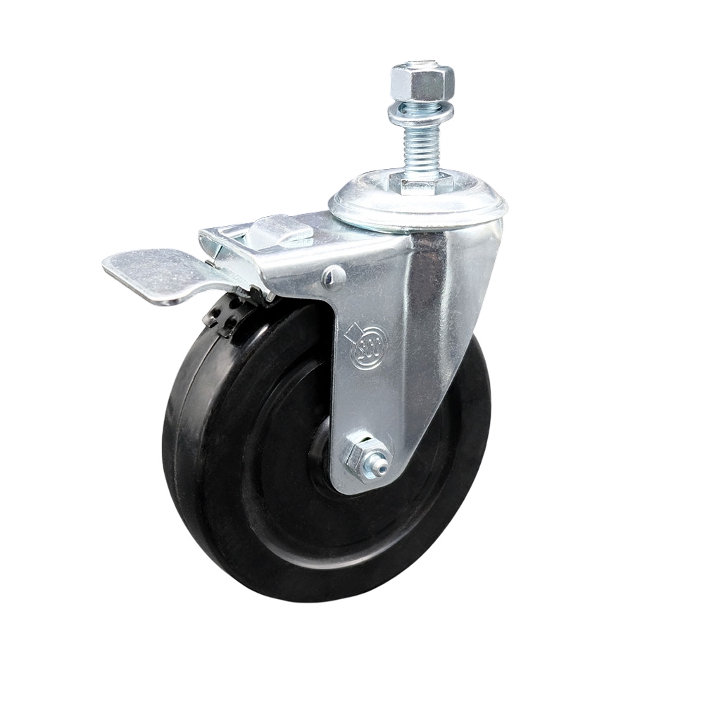 Stainless Steel Hard Rubber Swivel Threaded Stem Caster w/5" x 1.25" Black Wheel and 12MM Metric Stem & Total Locking Brake - 300 lbs Capacity/Caster - Service Caster Brand — photo 1